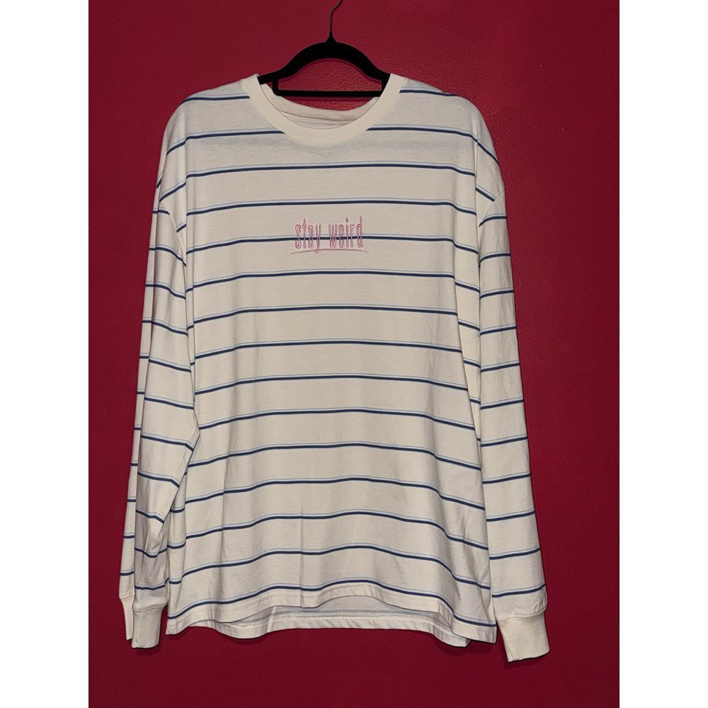 Arizona Young Men White Blue Striped Long Sleeve T-Shirt Casual Basic Tee Large